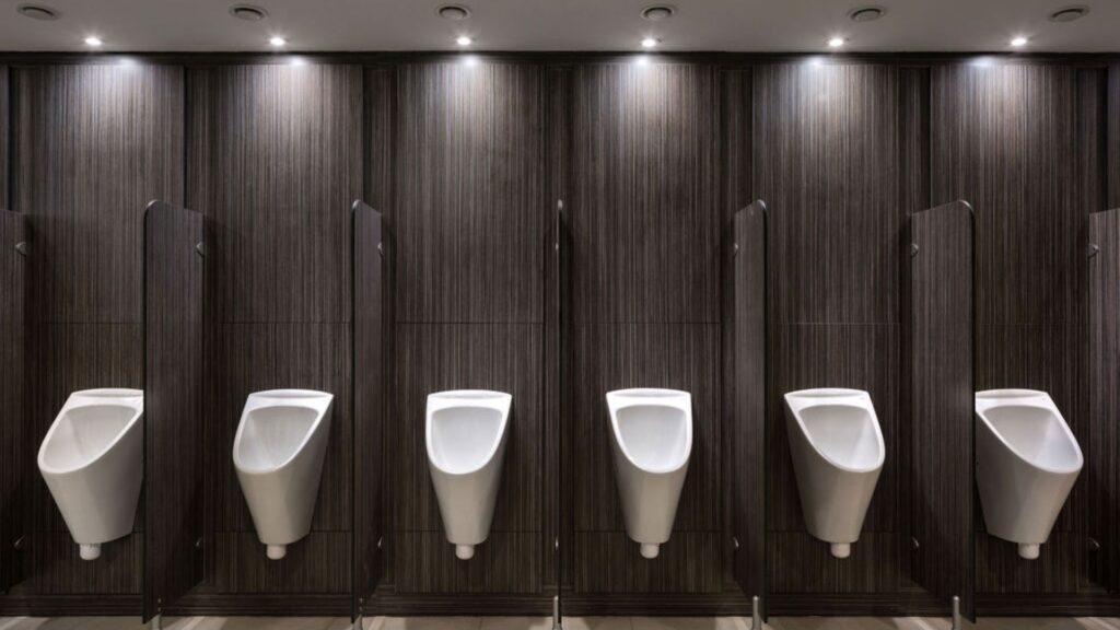 Row of urinals with full-height duct panels.