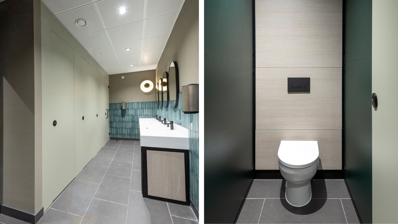 Left - row of closed Identity cubicles and corian wash trough. Right - inside of the toilet cubicle with laminate duct panels