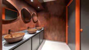 Material Source Glasgow washroom with woodio soft40 basins in Clay. Installed by Concept Washroom
