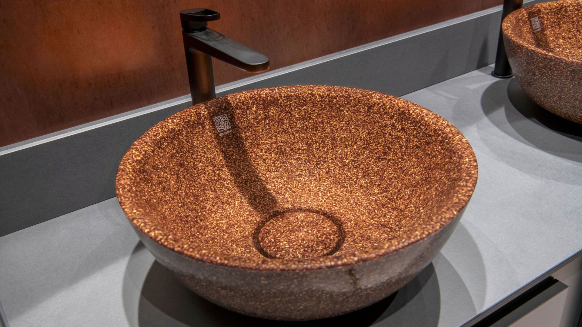 Material Source Glasgow washroom with woodio soft40 basins in Clay. Installed by Concept Washroom