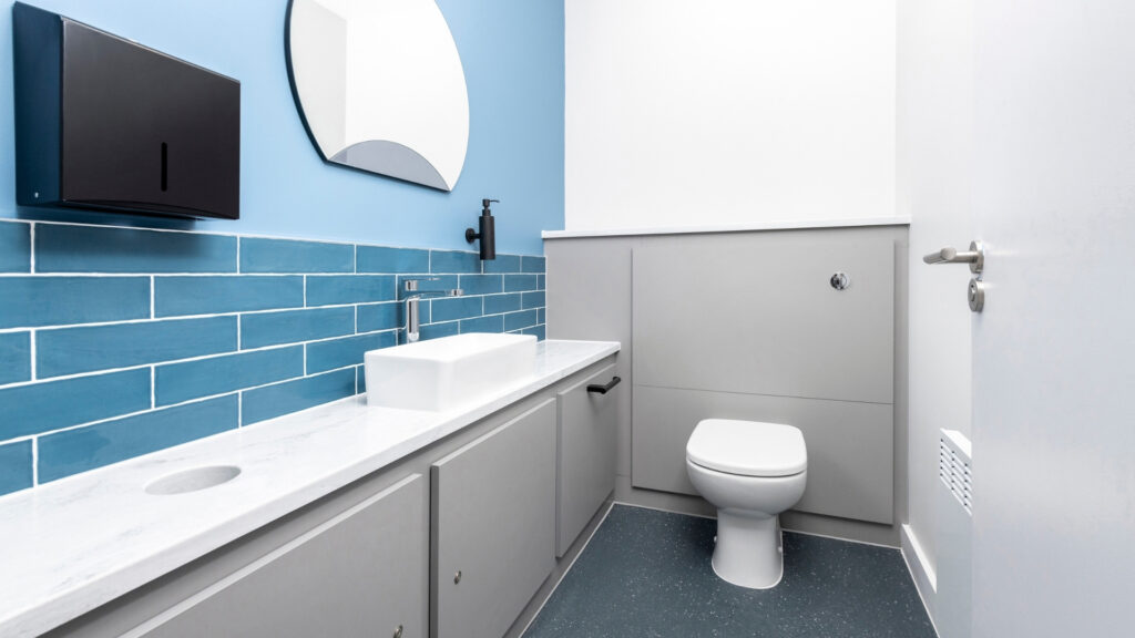Grey universal toilet/ superloo with solid surface vanity top and sink on the left