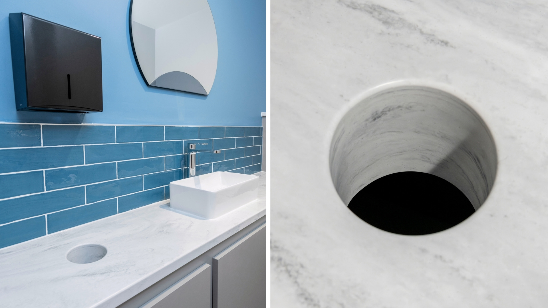 Left: solid surface vanity top. Right: close up of formed bin chute